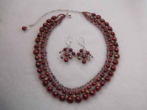 Hand-woven rusty rose freshwater pearls with matching Czech glass beading