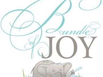 Illustration of a joyful elephant with text 'Bundle of Joy'.