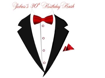 Elegant tuxedo design with red accents for a 30th birthday bash.