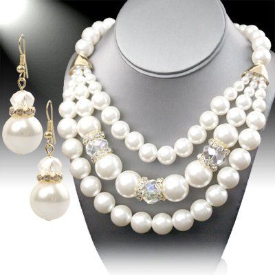 Pearl Crystal 3 Tiered Necklace Set