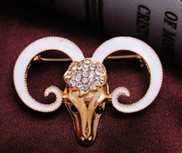 532119 Gold Filled Enamel Ram Aries Diamond Accented Brooch