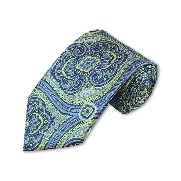 LIME GREEN AND STEEL BLUE WOVEN PAISLEY NECKTIE Deares Lace