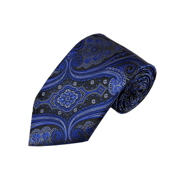Royal Blue with Charcoal Gray Accent on Black-Large Paisley Design Necktie