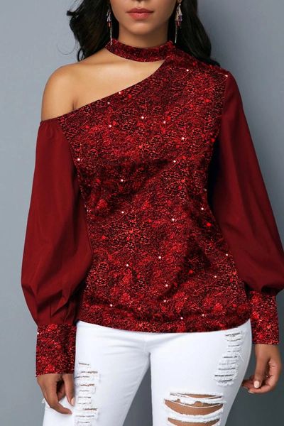 381223 Sequin Off Shoulder Lace Blouse