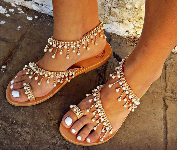 909600 Pearl Rhinestone Tassel Flat Sandals Size 7 - 10