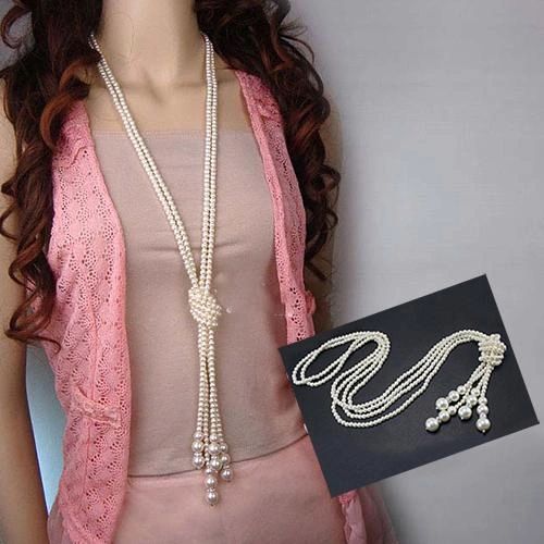 Long Pearl Strains Beads Necklace