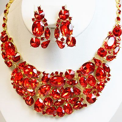 341107 Red Crystal Rhinestone Necklace Set