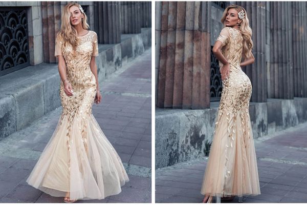 Prom Gown Dresses Fish Tail Leaf Embossed Gown