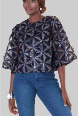 For Her Sequin Wide Sleeve Blouse Top