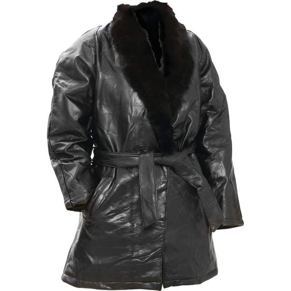 Rabbit Fur Collar Genuine Leather Jacket Coat Deares Lace