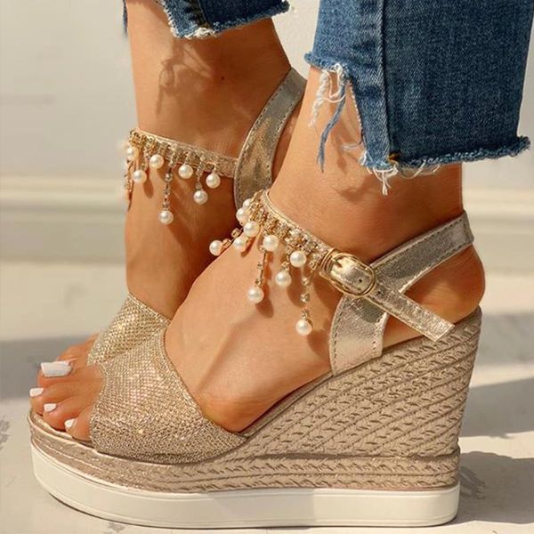 Wedge Rope Design Shimmer Rhinestones Pearl Sandals Shoes