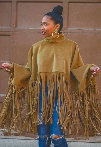 Suede Fringe Turtleneck Shawl