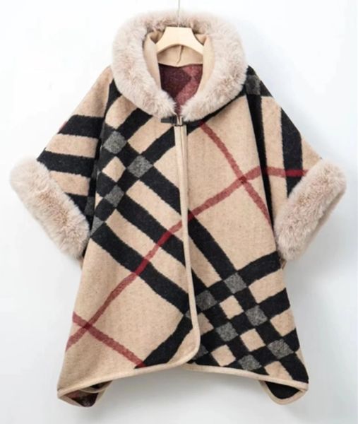 Design Print Fur Down Wool Jacket Cape