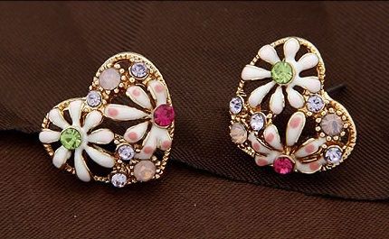 Painted Flower Rhinestone Pierced Earrings