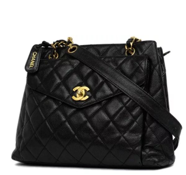 Pre-owned Authentic Chanel Quilted Caviar Black Leather Tote Bag