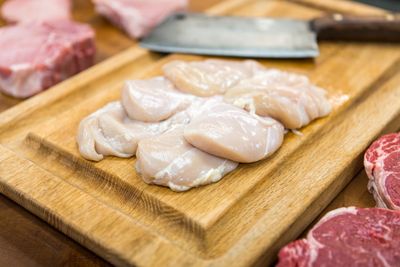Chicken Slices Cut on a Wooden Board