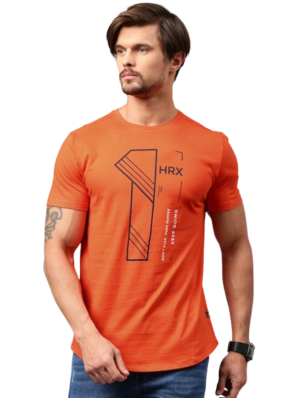 HRX by Hrithik Roshan Men Orange Printed Cotton T-shirt With Yoshops Free Gift Hear phone Pouch