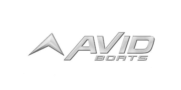 Sleek metallic Avid Boats logo with a stylized triangular emblem.