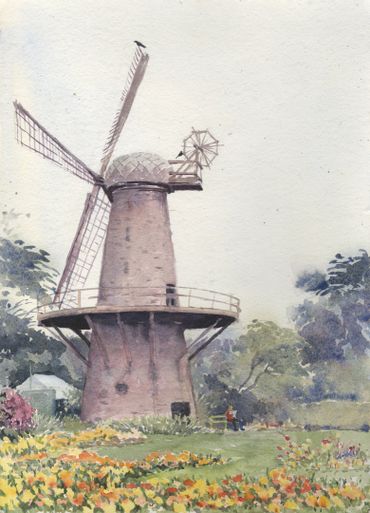 Watercolor painting of windmill