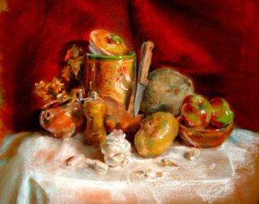 Still life with fruit, knife and vegetables in pastel