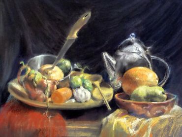 Still life with vegetables and knife in pastel