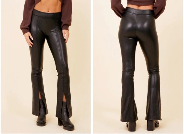 Vintage Havana Black Leather Stretch Split Hem Flare Pants
