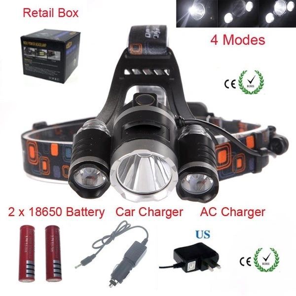 Profi Police LED Cree Stirnlampe Kopflampe 8000LM 3x XM-L T6 inkl 2x PowerAkku 