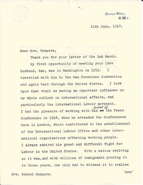 British Labor Leader Bevin Comments on Gompers' Contributions to American Labor