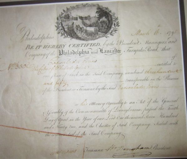 William Bingham Met with Double Agent Silas Deane, Escorted Washington; Signs Lancaster Turnpike Stock Certificate--RARE