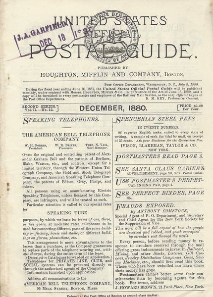 President Garfield's Postal Guide, Apparently Used by Him in the White House