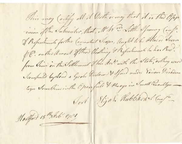 Connecticut Patriot, Commissary Hubbard Certifies Payment For Revolutionary War Troop Supplies In 1781
