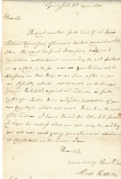 [Gen. George Washington] Revolutionary War Col. Hazen Seeks Testimony For Isaac Tichenor Court Martial