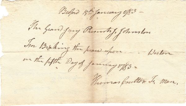 1783 Bedford County, PA, Breaking Jaw Indictment Signed By Pittsburgh Pioneer Thomas Coulter