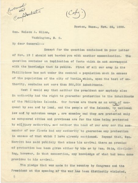 [Spanish-American War] George Boutwell Urges Gen. Nelson To Reject McKinley's Imperialistic Philippine Policies