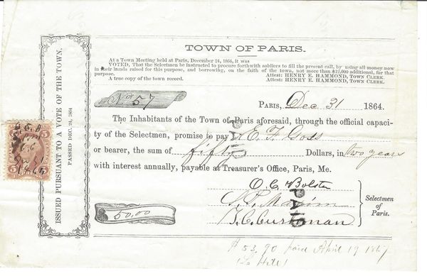 Paris, Maine Civil War Bonus To Soldier, Bangor Accepts Substitute Payment From Another
