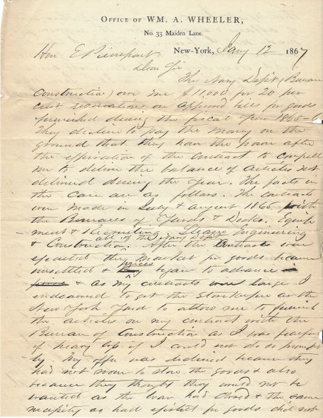 Future Vice President William Wheeler Engages Attorney To Help Collect From Navy After Civil War