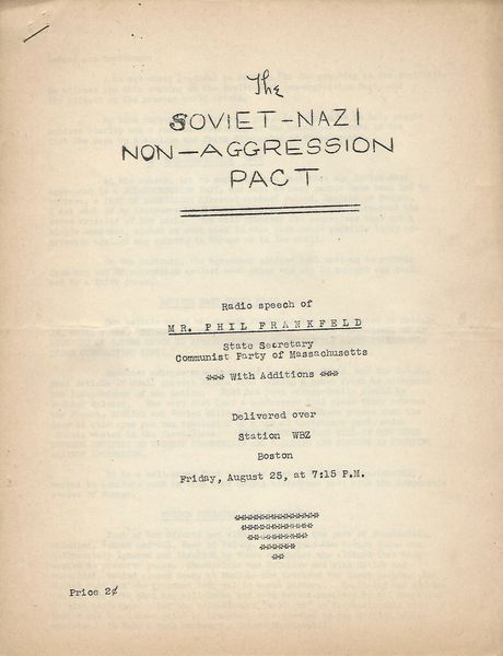 Speech Defending The Soviet-Nazi Non-Aggression Pact: Radio Speech of Phil Frankfeld, Delivered Over Station WBZ, Boston, Two Days After the Pact Was Signed