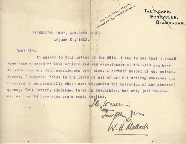 British Author Mallock Discounts Psychic Influences In His life