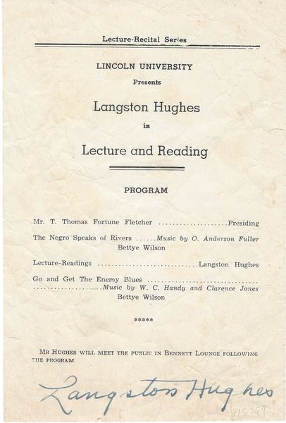 Autographed Broadside Of Langston Hughes Lecture And Reading At Lincoln University