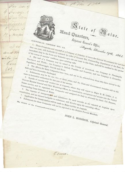 Civil War Documents Support For 6th Maine Infantry -- Fought At Gettysburg, Antietam, Yorktown, Gaines Mill