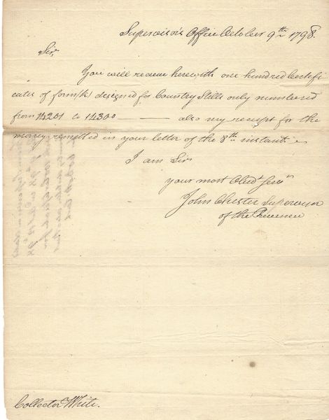 [Battles Of Bunker Hill, Trenton, White Plains] Washington Appointed Revenue Supervisor Chester Offers Certificate
