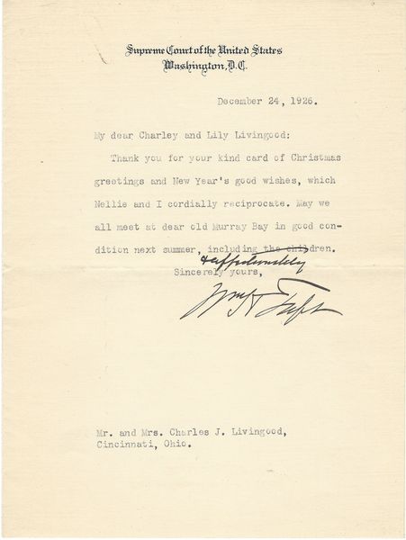William Howard Taft Is Grateful To His Friends For Holiday Greetings -- Bold Taft Signature
