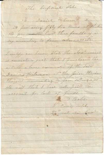 Two-Piece Lot: Confederate Lt. Bales Writes Highly Unusual IOU To Daniel Hileman For Pasturing Horses; Family Letter