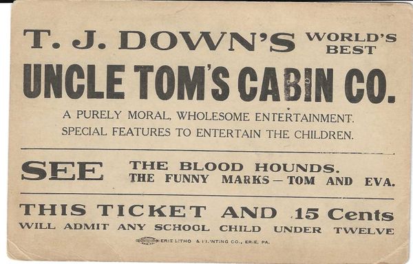 Ticket For Child's Version Of Uncle Tom's Cabin Play Includes Images Of Characters