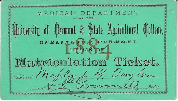 Two 19th Century University Of Vermont & State Agricultural College Matriculation Tickets Signed By Ashbel P. Grinnell