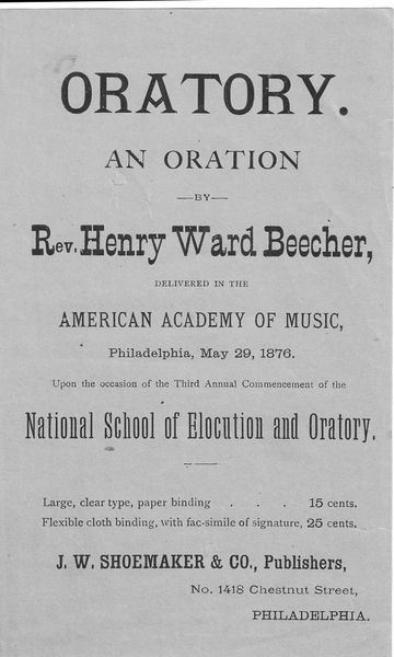 Advertising Flyer For Henry Ward Beecher's 1876 Speech In Philadelphia