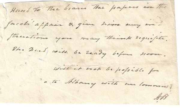 Aaron Burr Requests Property Papers Be Given To Bearer of Note