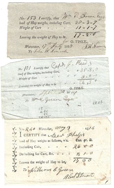 Early Worcester, MA, Hay Weight Tickets -- 1814 - 1818