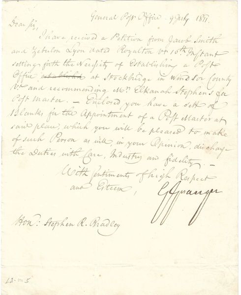 Thomas Jefferson's Post Master General Responds To Request To Establish A Post Office In Stockbridge, VT