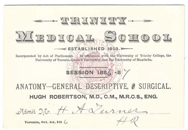 1866 Trinity Medical School Admission Ticket Signed By Hugh Robertson